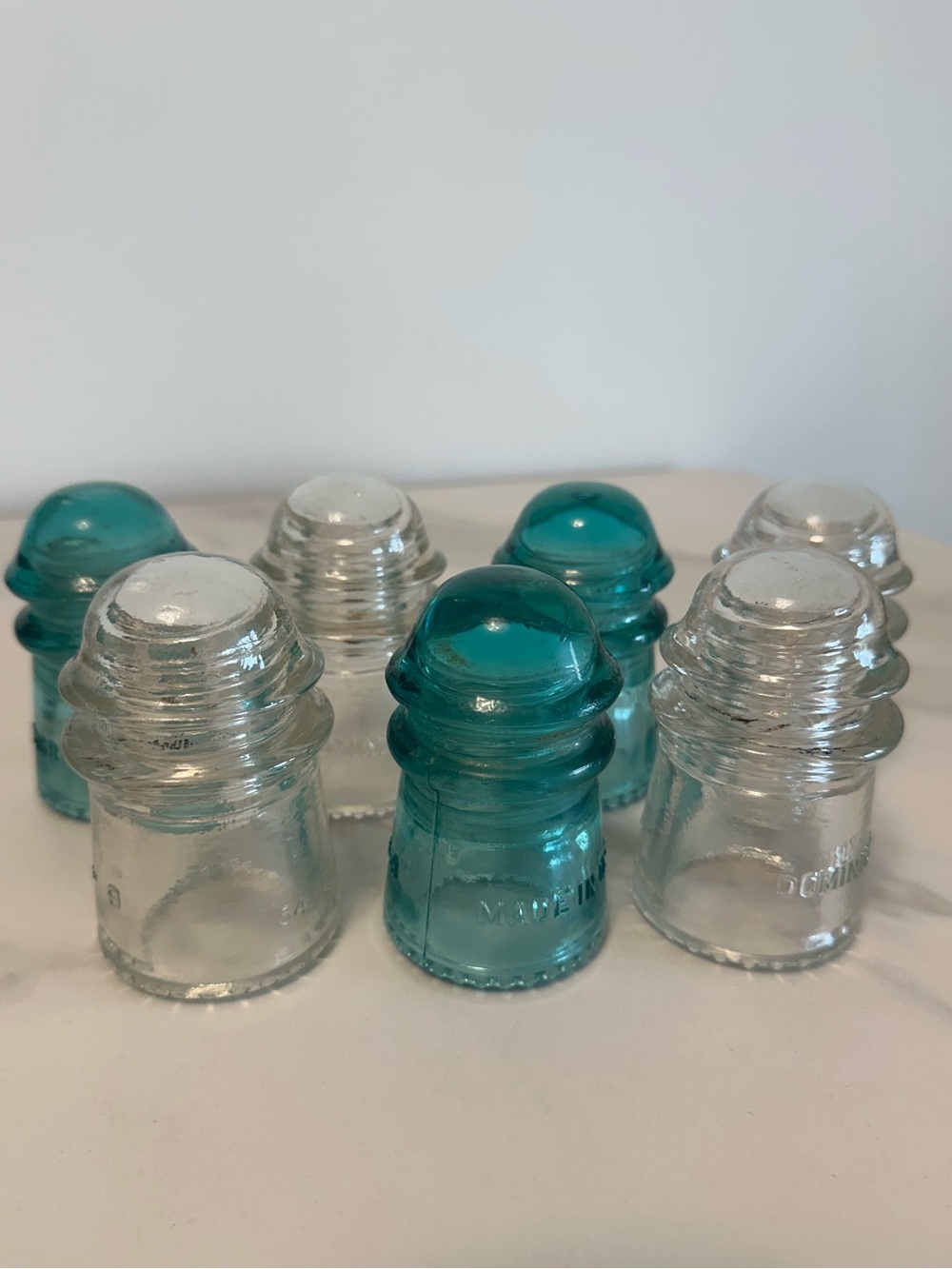 Vintage Hemingway No 9 Glass Insulators - Clear & Aqua Set of 7